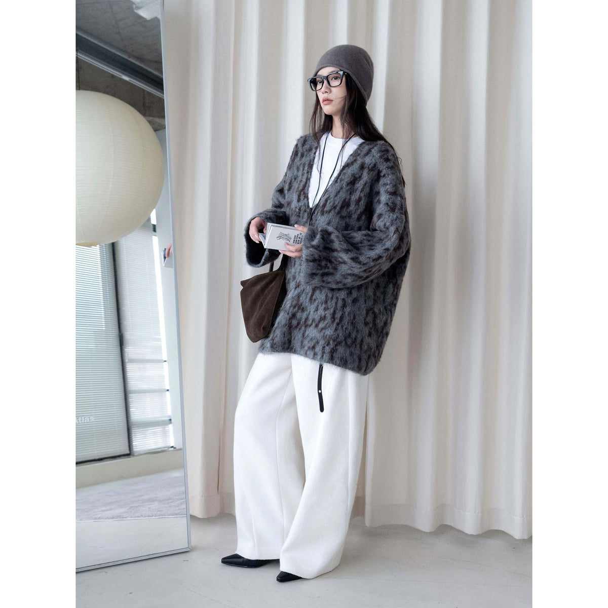 Women's Oversize V-Neck Sweater in Mohair Look with Voluminous Silhouette EVA-US