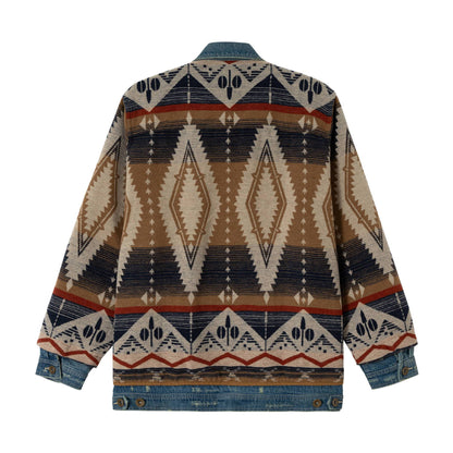 Unisex Short Woven Aztec Cardigan with Denim Trim EVA-US
