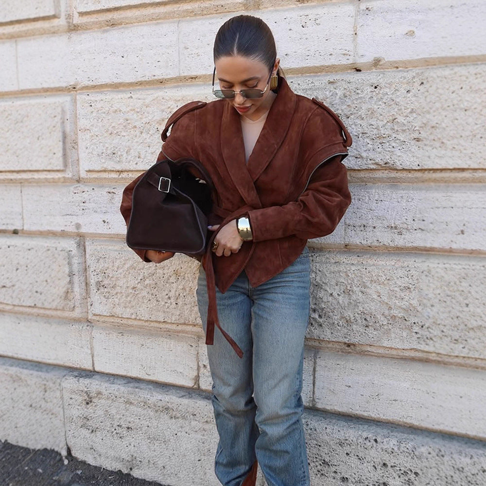 Ladies Velvet Leather Wrap Jacket with Wide Shawl Collar and Waist Belt EVA-US