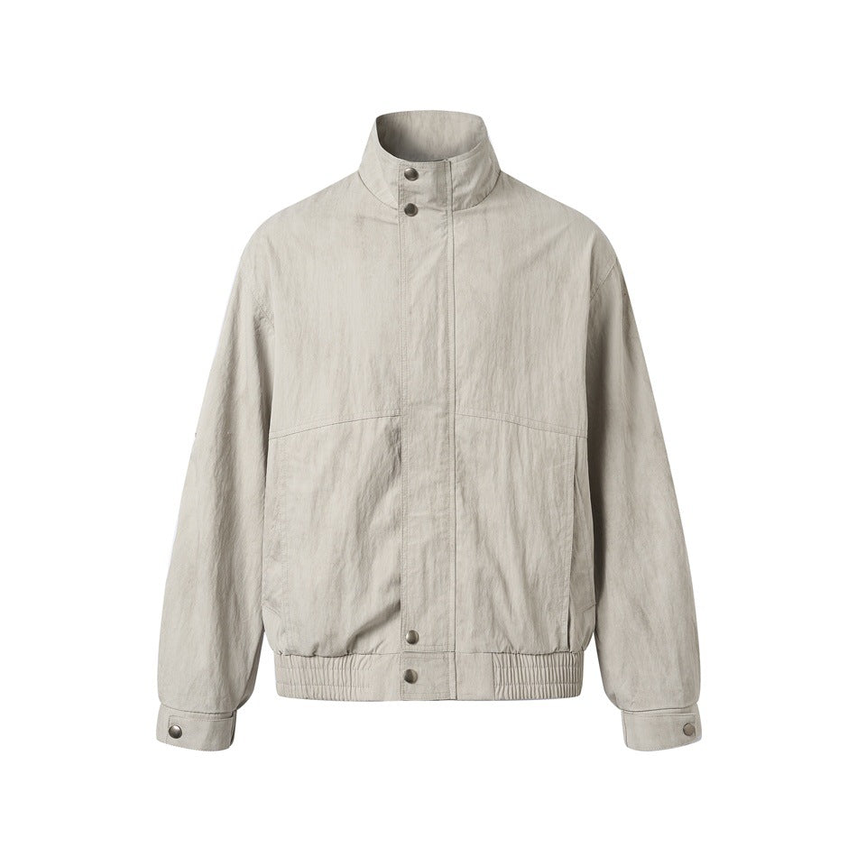 Unisex Short Jacket in minimalist Workwear look with high stand-up collar and snap button closure EVA-US
