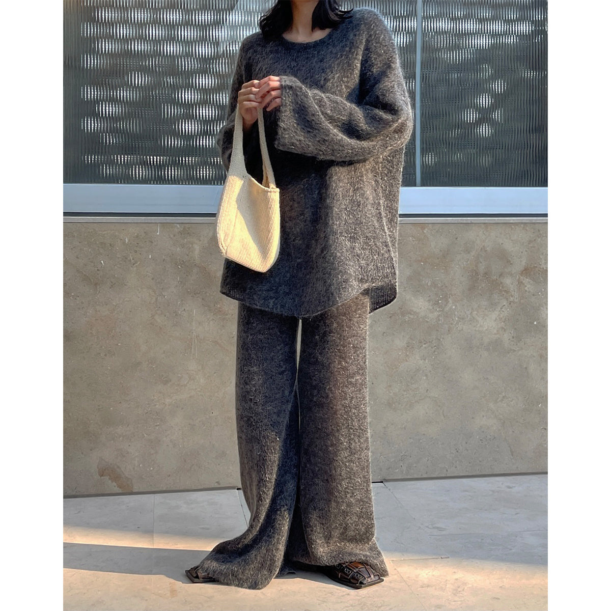 Women Mohair-Optic Lounge Set with Oversized Round Neck Sweater and Straight Knit Pants EVA-US