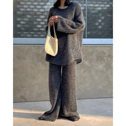 Women Mohair-Optic Lounge Set with Oversized Round Neck Sweater and Straight Knit Pants EVA-US