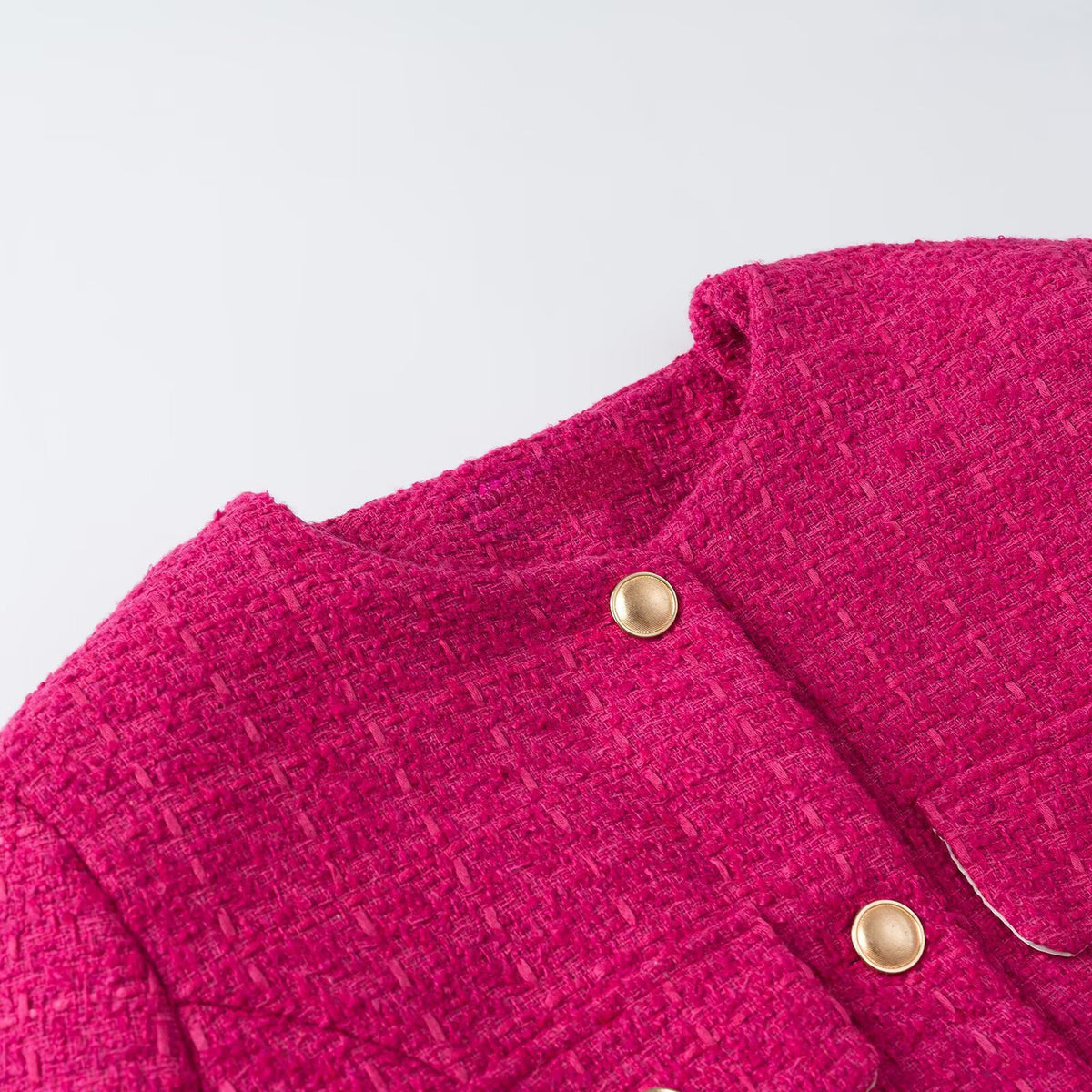 Women's Short Boucle Jacket with Waist Belt, Breast Flaps and Golden Decorative Buttons EVA-US