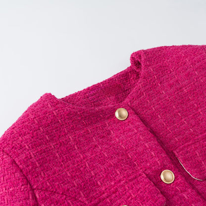 Women's Short Boucle Jacket with Waist Belt, Breast Flaps and Golden Decorative Buttons EVA-US