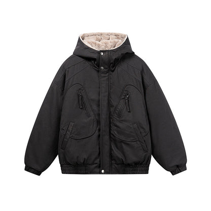 Unisex Short Cut Insulated Jacket in Boxy Cut with Teddy Inner Lining and Diagonally Inserted Zipper Pockets EVA-US