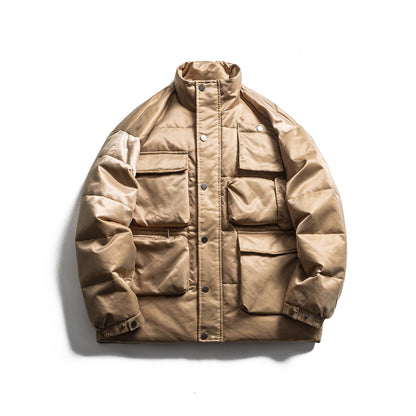 Men's Boxy Insulation Jacket in Field Style with Cargo Pockets and High Standing Collar EVA-US