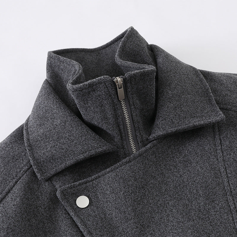 Men's Boxy Wool Blend Blouson Jacket with Asymmetric Double Fastening and High Stand-Up Collar EVA-US