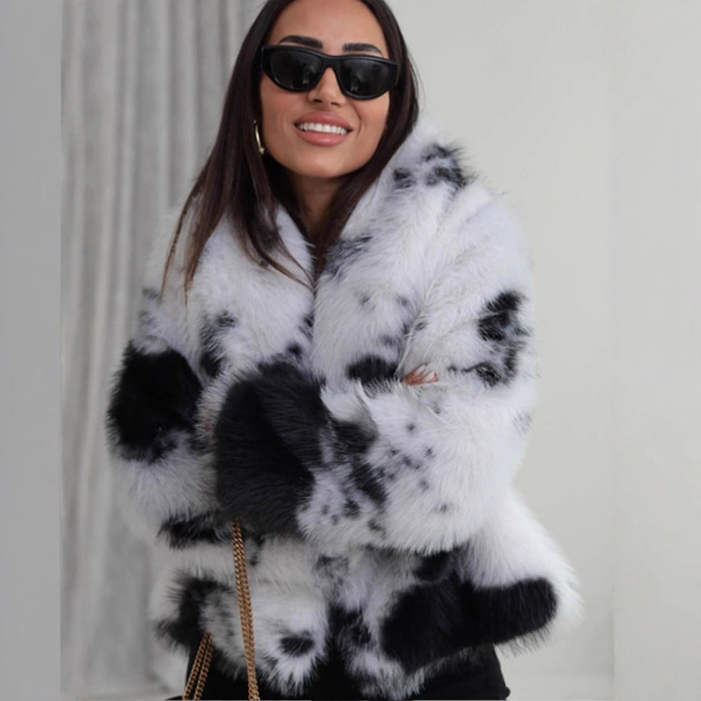 Women's Short Cut Faux Fur Bomber with Spot Pattern EVA-US