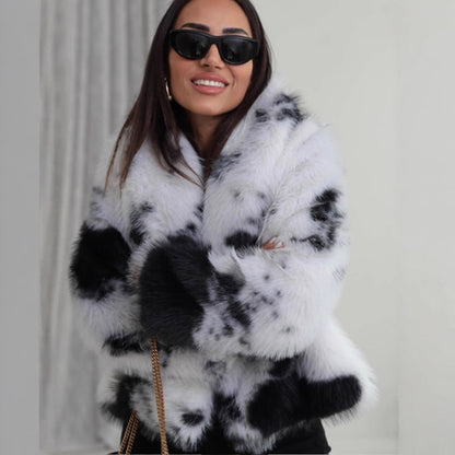 Women's Short Cut Faux Fur Bomber with Spot Pattern EVA-US
