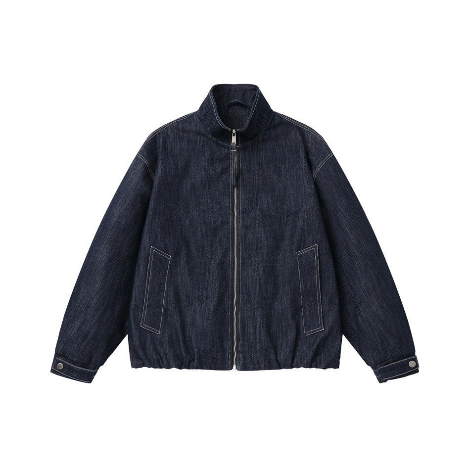 Men's Boxy Denim Blouson with high stand-up collar, visible contrast stitching and elastic hem.