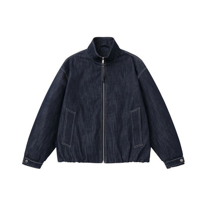 Men's Boxy Denim Blouson with high stand-up collar, visible contrast stitching and elastic hem.