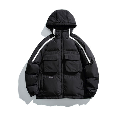 Unisex Short Cut Boxy Puffer with Hood, Contrast Stripes and Large Flap Pockets EVA-US