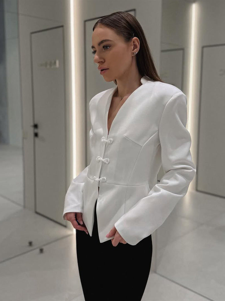 Women's peplum blazer with mandarin-like neckline and decorative knot fastenings EVA-US