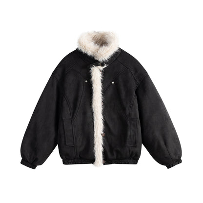 Ladies short cut velour imitation bomber jacket with teddy trim and adjustable neck strap EVA-US