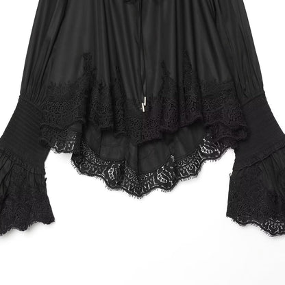 Ladies Romantic Blouse with Ruffle Collar, Bell Sleeves and Lace Trim EVA-US