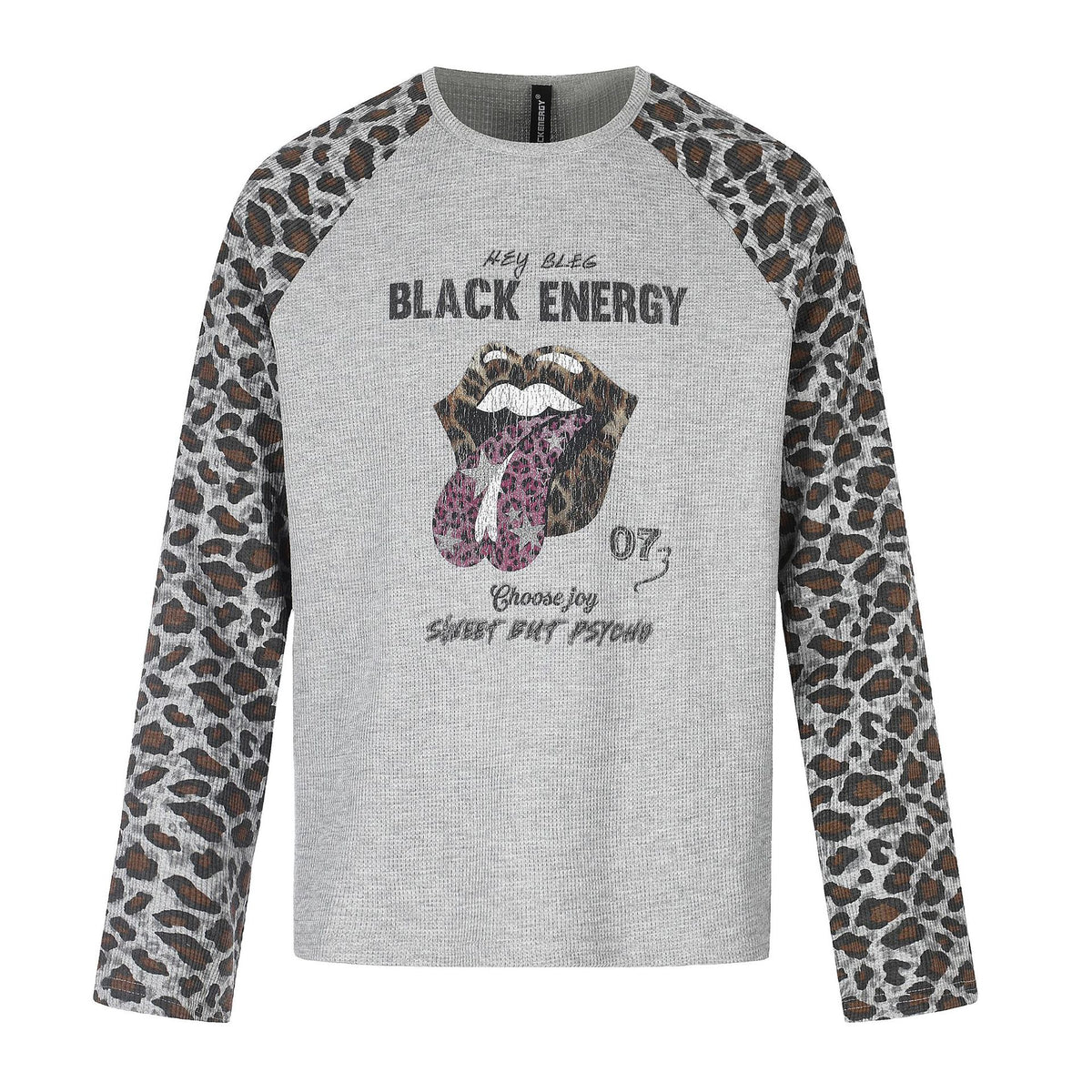 Women's Casual Long Sleeve Shirt with Raglan Sleeves, Leopard Sleeves and Statement Print EVA-US