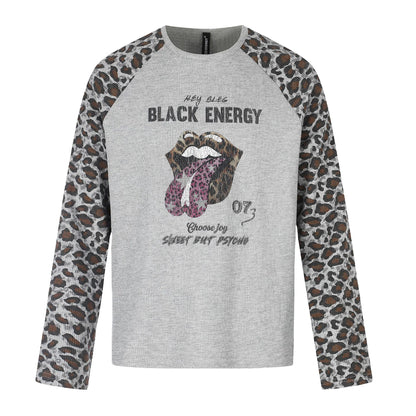 Women's Casual Long Sleeve Shirt with Raglan Sleeves, Leopard Sleeves and Statement Print EVA-US