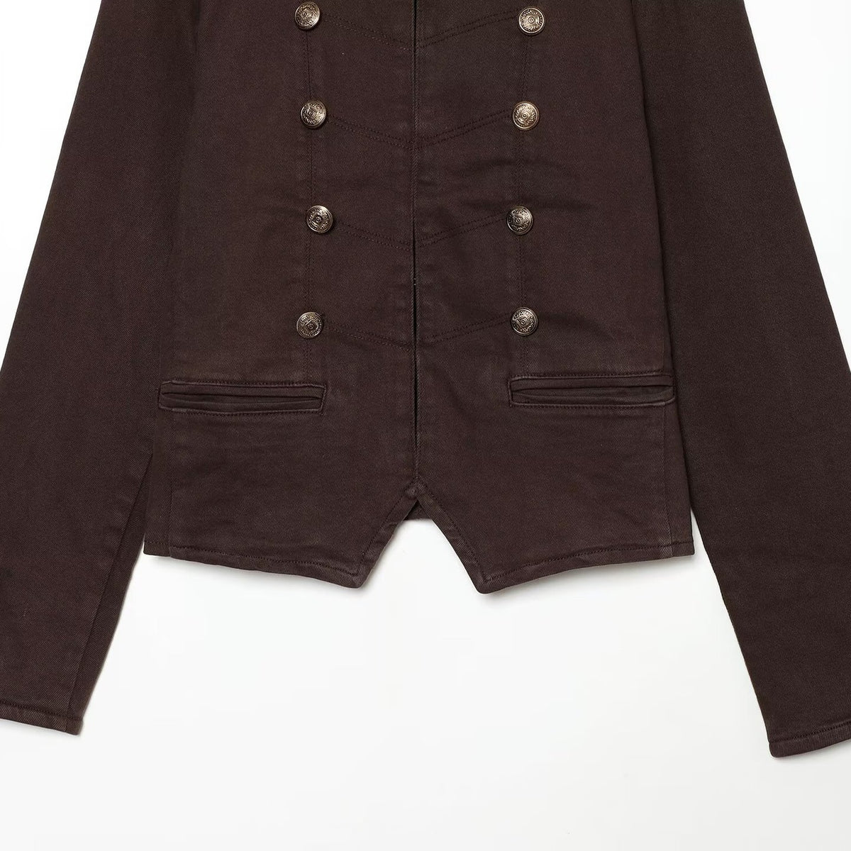 Women's Short Military Jacket in Double-Breasted Style with Stand-Up Collar and Epaulettes EVA-US