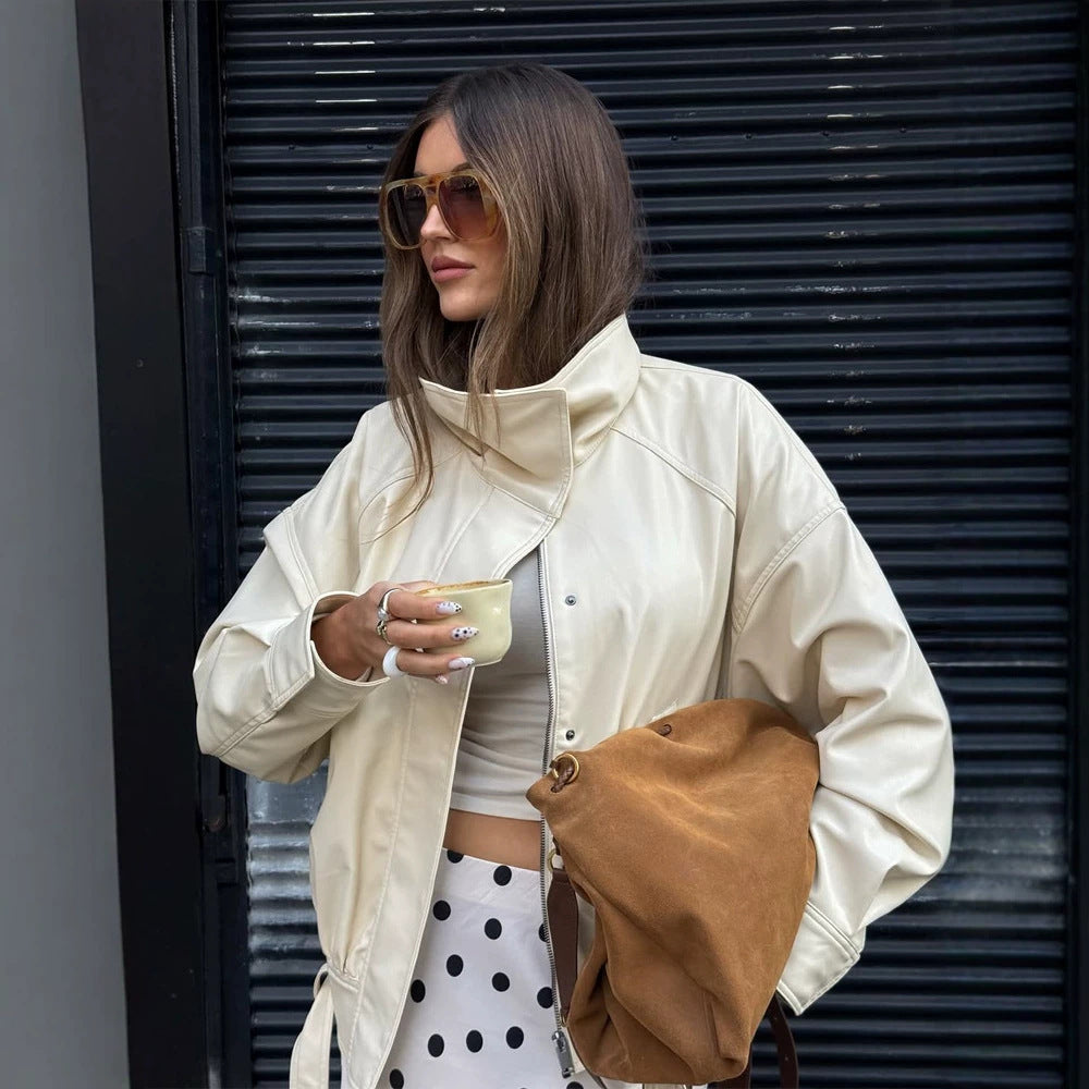Women's Oversized Faux Leather Jacket with Stand-up Collar and Drawstring