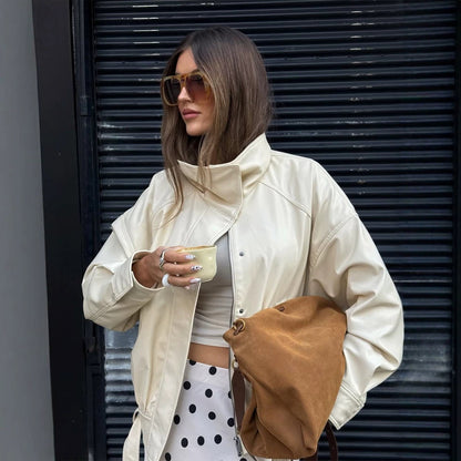 Women's Oversized Faux Leather Jacket with Stand-up Collar and Drawstring
