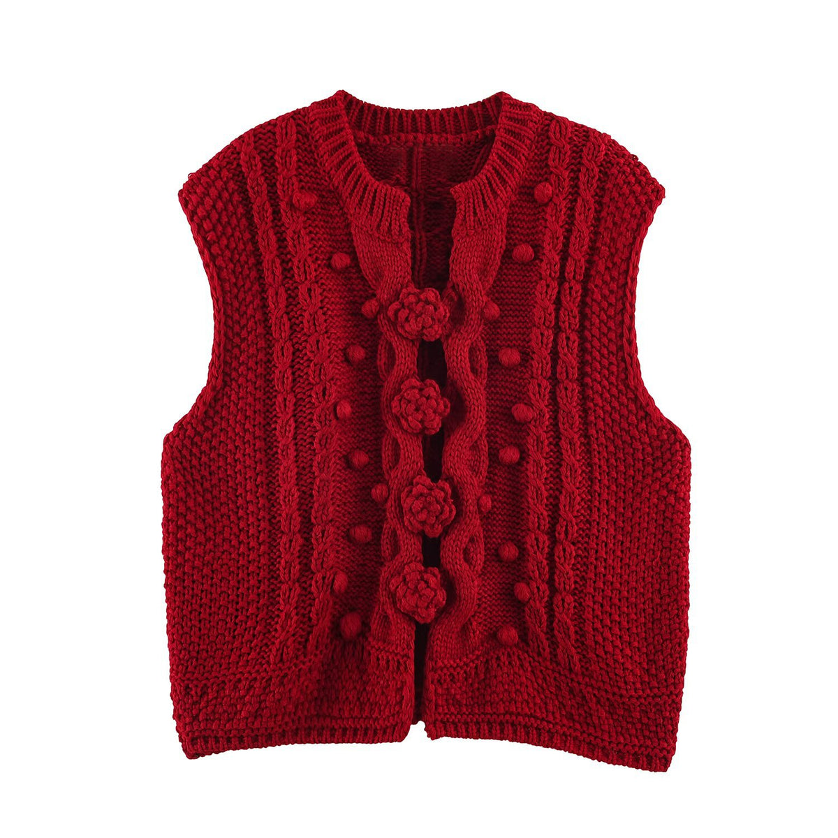 Women's knitted vest with cable pattern, flower appliqués and bobble texture EVA-US