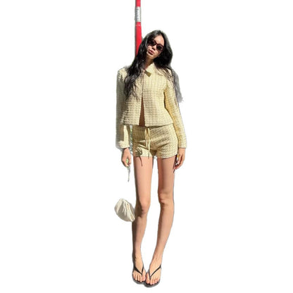 Women Two-Piece Boucle Set with Short Jacket and Drawstring Shorts EVA-US