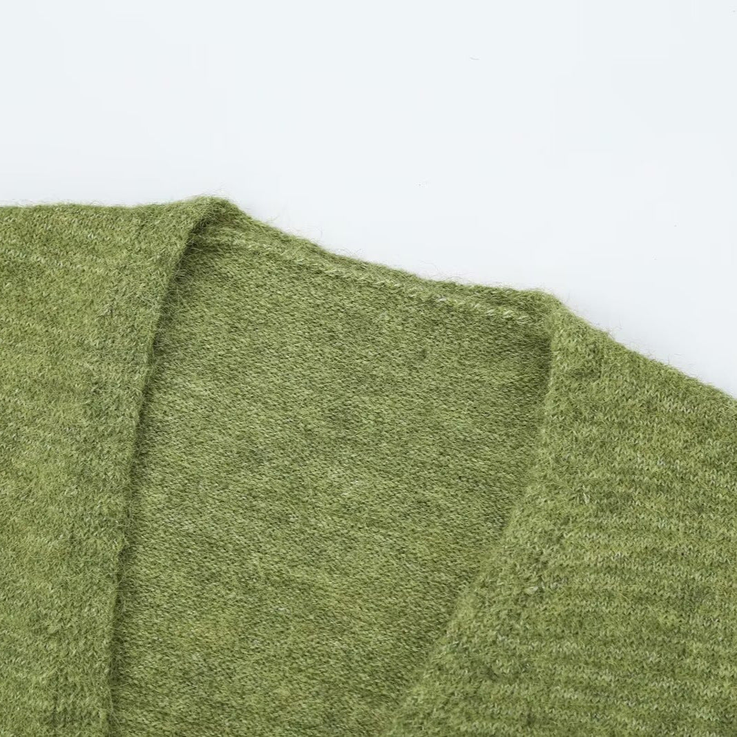 Women's Oversized Knit Cardigan with Balloon Sleeves and Striped Trim Button Placket EVA-US