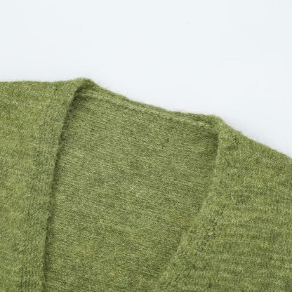 Women's Oversized Knit Cardigan with Balloon Sleeves and Striped Trim Button Placket EVA-US