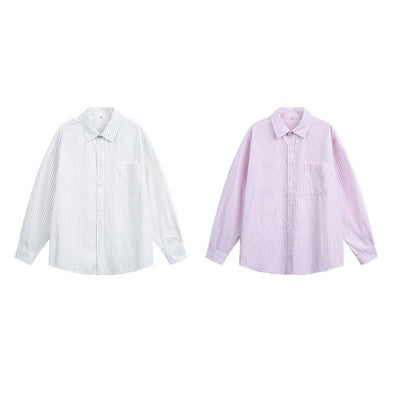 Women's oversized shirt blouse with fine stripes, Kent collar, and breast pocket EVA-US