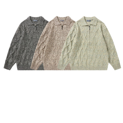 Women’s coarse structured knit zip cardigan with shirt collar EVA-US