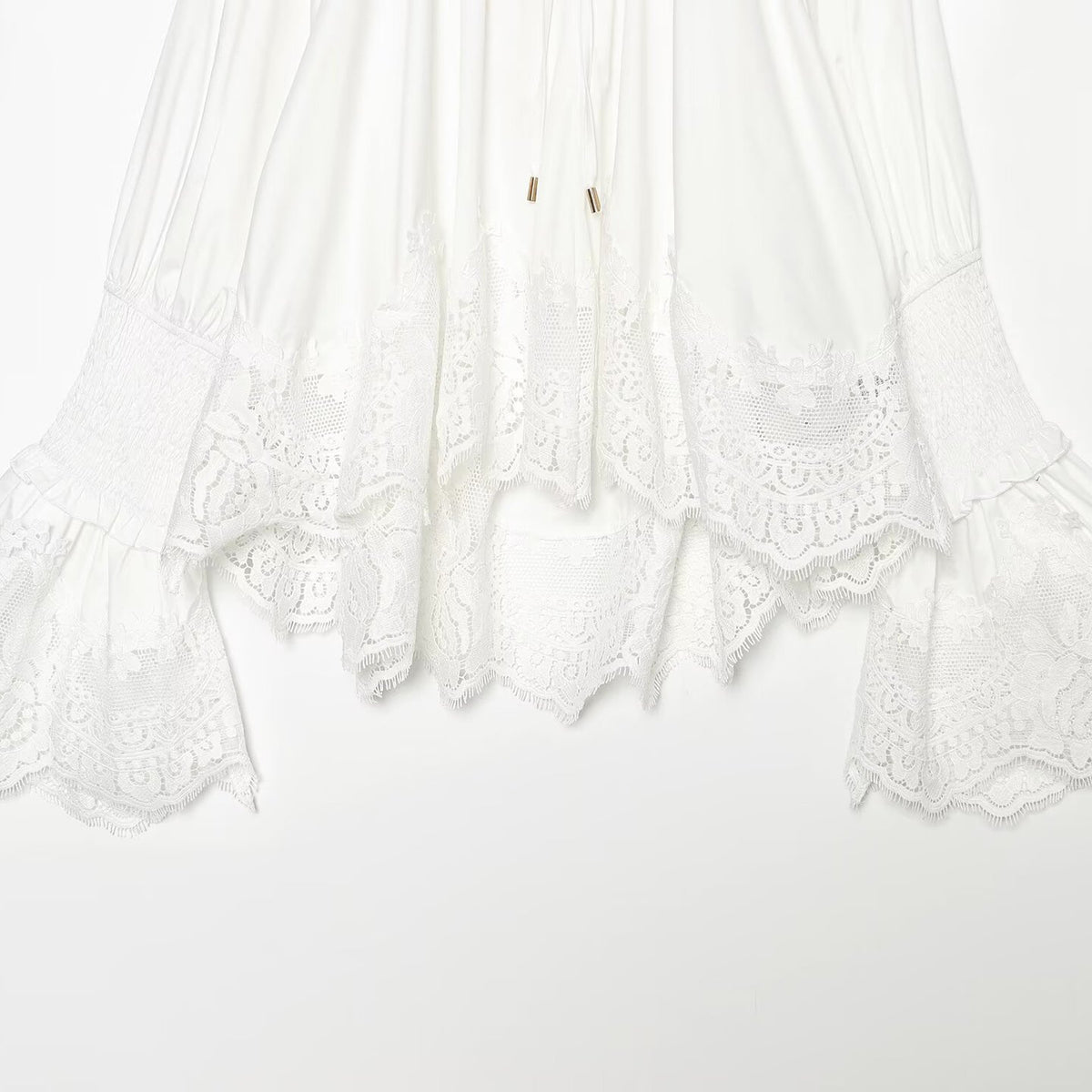 Ladies Romantic Blouse with Smocking Collar, Bell Sleeves and Lace Trim