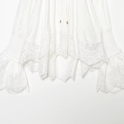 Ladies Romantic Blouse with Smocking Collar, Bell Sleeves and Lace Trim
