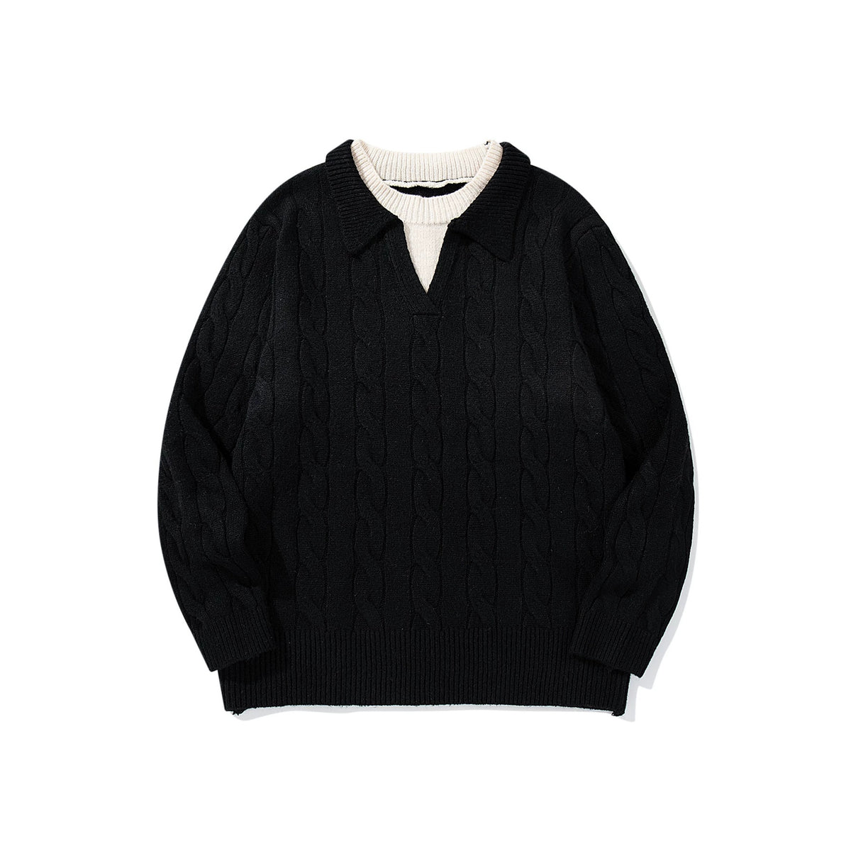 Unisex Structured Cable Knit Sweater with Polo Collar and Deep V-Neck EVA-US