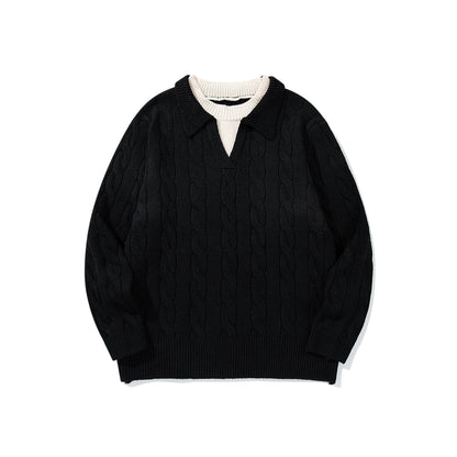 Unisex Structured Cable Knit Sweater with Polo Collar and Deep V-Neck EVA-US