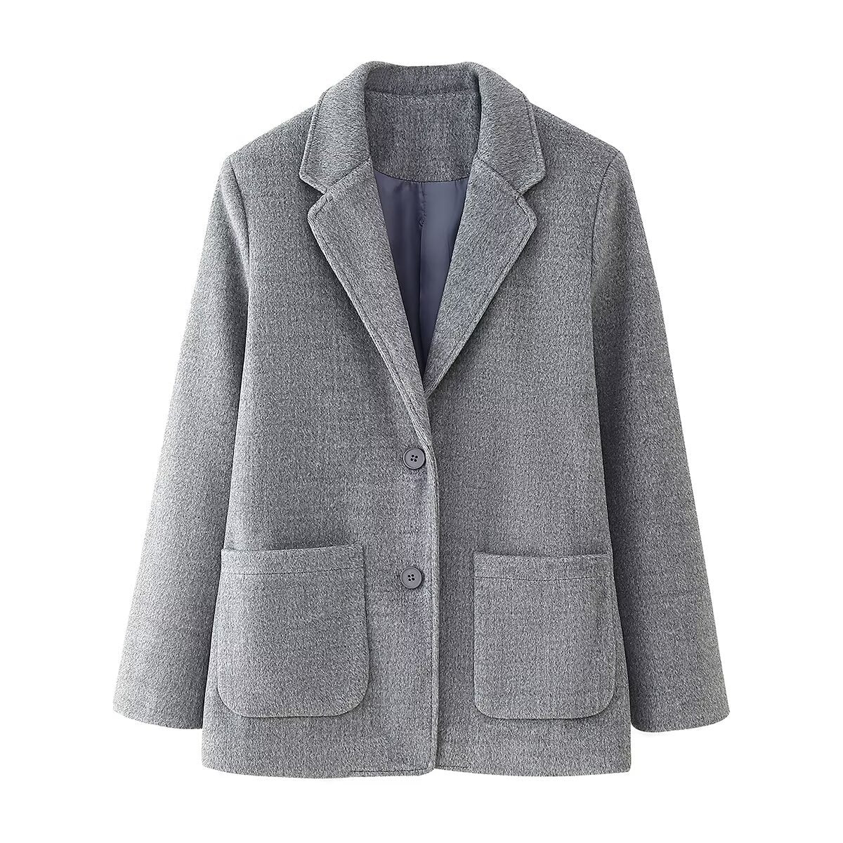 Women's short blazer coat made of wool blend with lapel collar, two-button closure, and patch pockets EVA-US