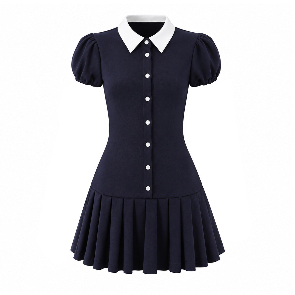 Women Fitted Shirt Dress with Puff Sleeves and Pleated Skirt EVA-US