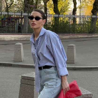 Women's Striped Shirt Blouse with Integrated Tie Detail & Oversized Cut EVA-US