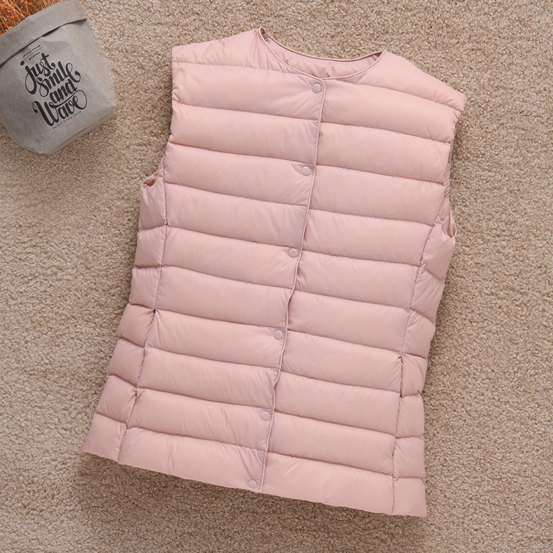 Women's Lightweight Quilted Down Vest with Stand-Up Collar and Snap Button Placket EVA-US
