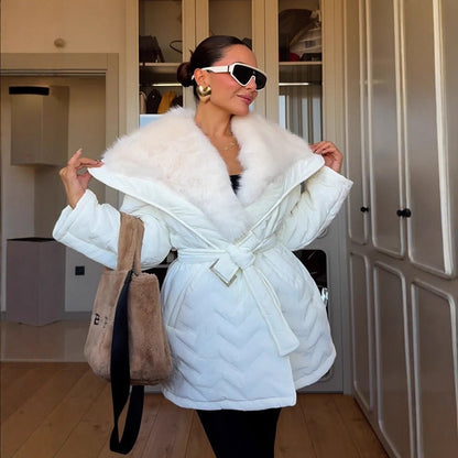 Ladies Shiny Padded Jacket with Waist Belt and Voluminous Faux Fur Collar EVA-US