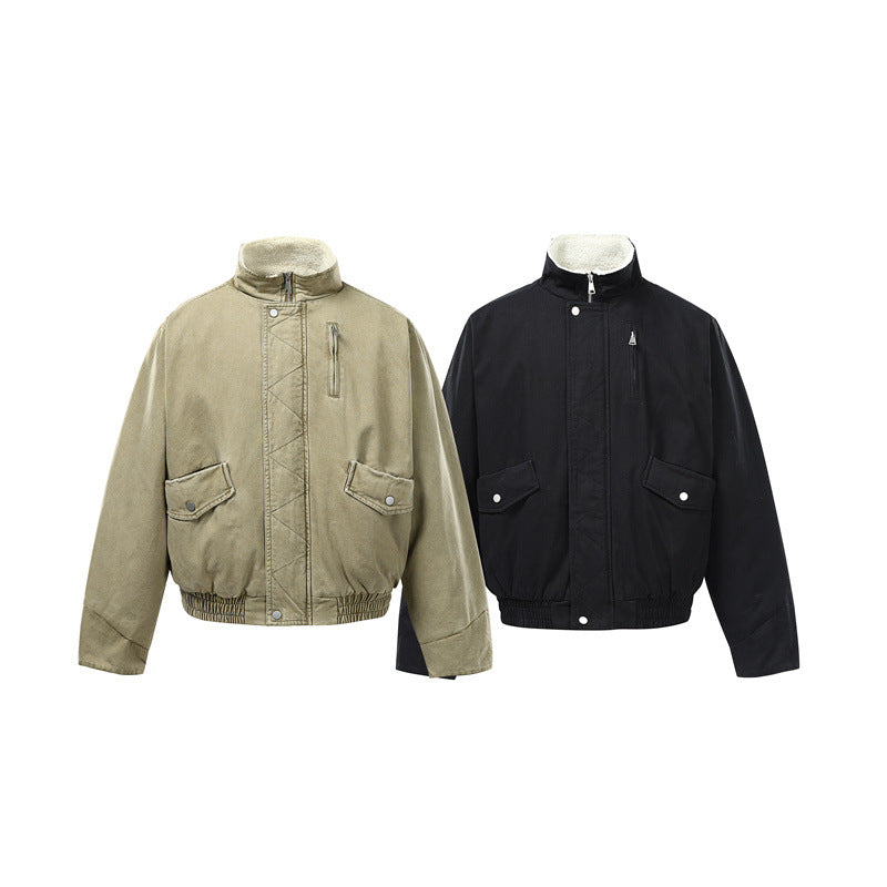 Men's Short Boxy Utility Bomber Jacket made of Canvas with Quilted Front Yoke and Stand-Up Collar EVA-US