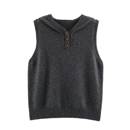 Women's fine knit vest with hood, button placket, and ribbed waistband EVA-US