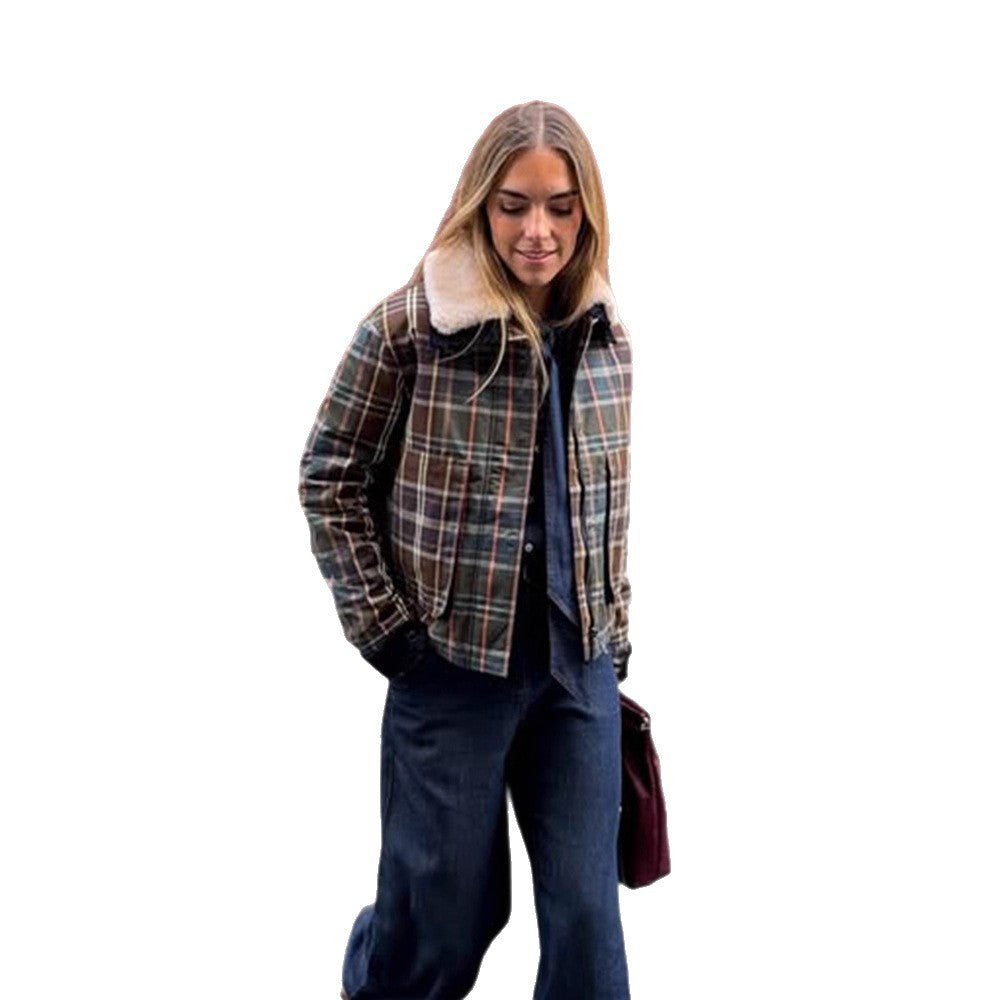 Women's Short Blouson in Check Pattern with Padded Lining and Teddy Collar EVA-US