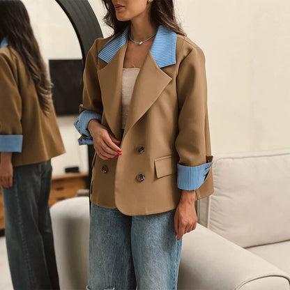 Women Oversized double-breasted blazer with contrast collar & cuffed sleeves EVA-US