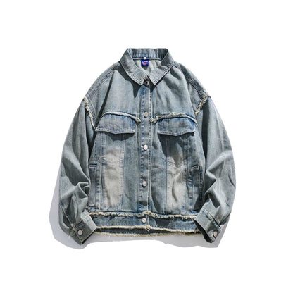Unisex Oversize Denim Jacket with Fringe Finishes and Utility Pockets EVA-US