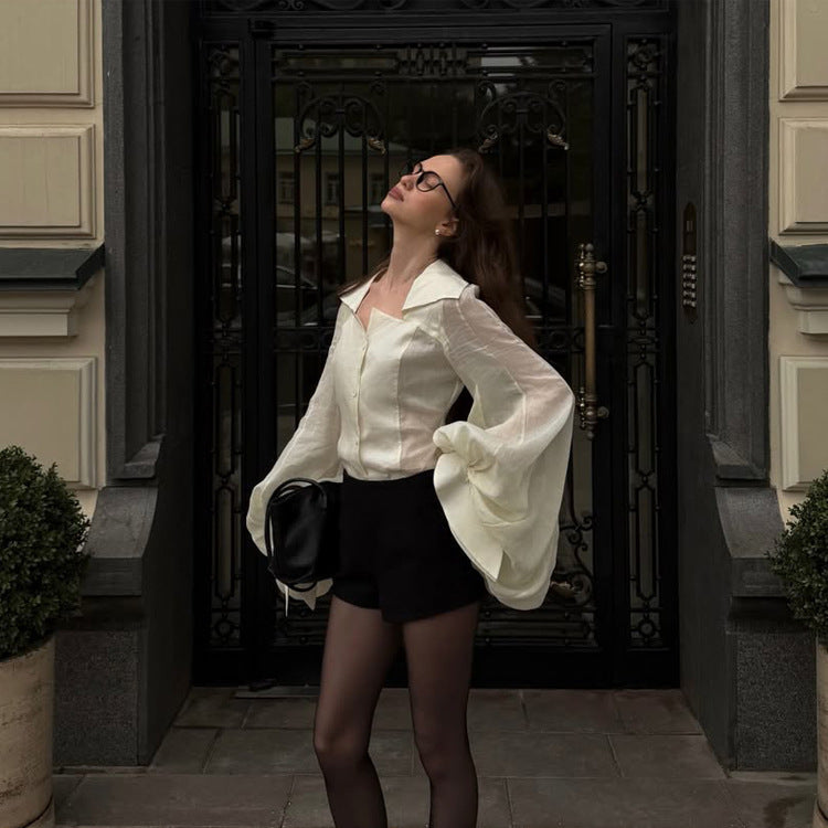 Women's Transparent Blouse Top with Tailored Corset Look and Voluminous Balloon Sleeves EVA-US