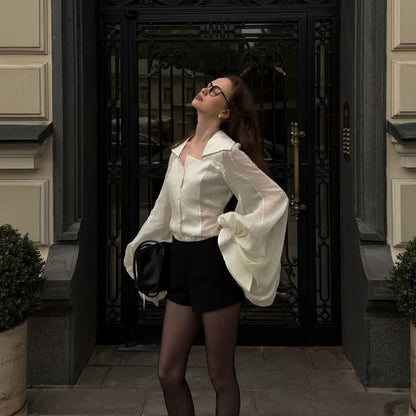 Women's Transparent Blouse Top with Tailored Corset Look and Voluminous Balloon Sleeves EVA-US