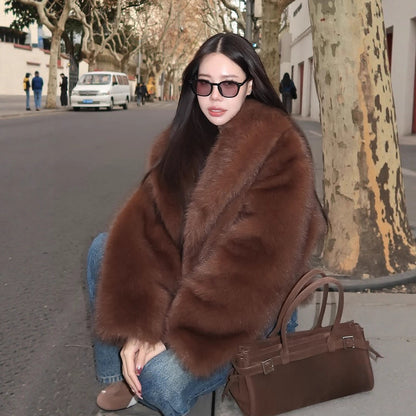 Women's short coat made of vegan high-pile faux fur with oversized shawl collar EVA-US
