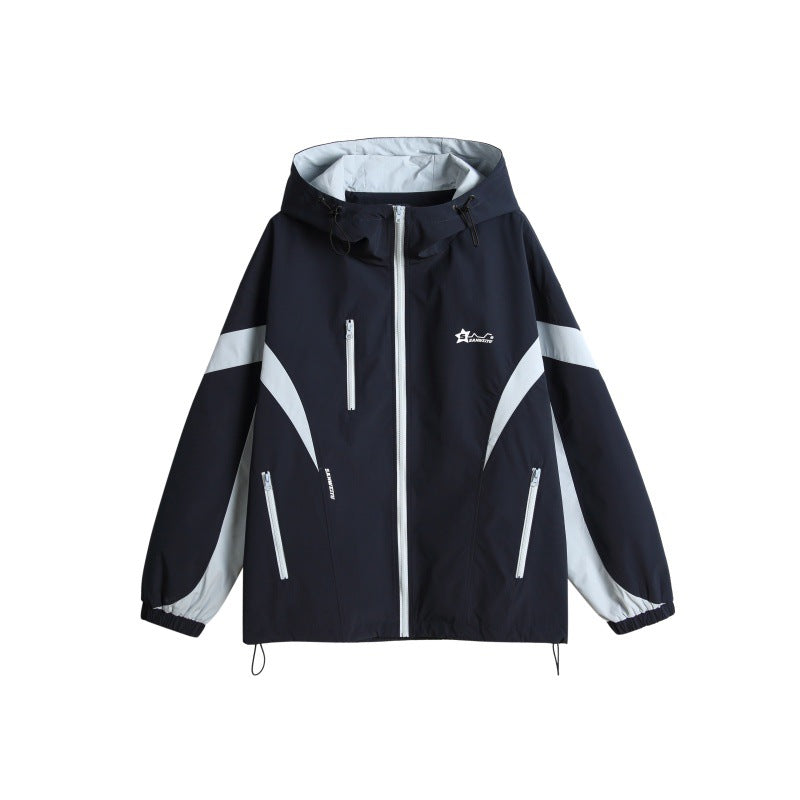 Unisex Technical Hooded Windbreaker Jacket in Boxy Cut with Contrasting Panels and Water-Repellent Zippers EVA-US