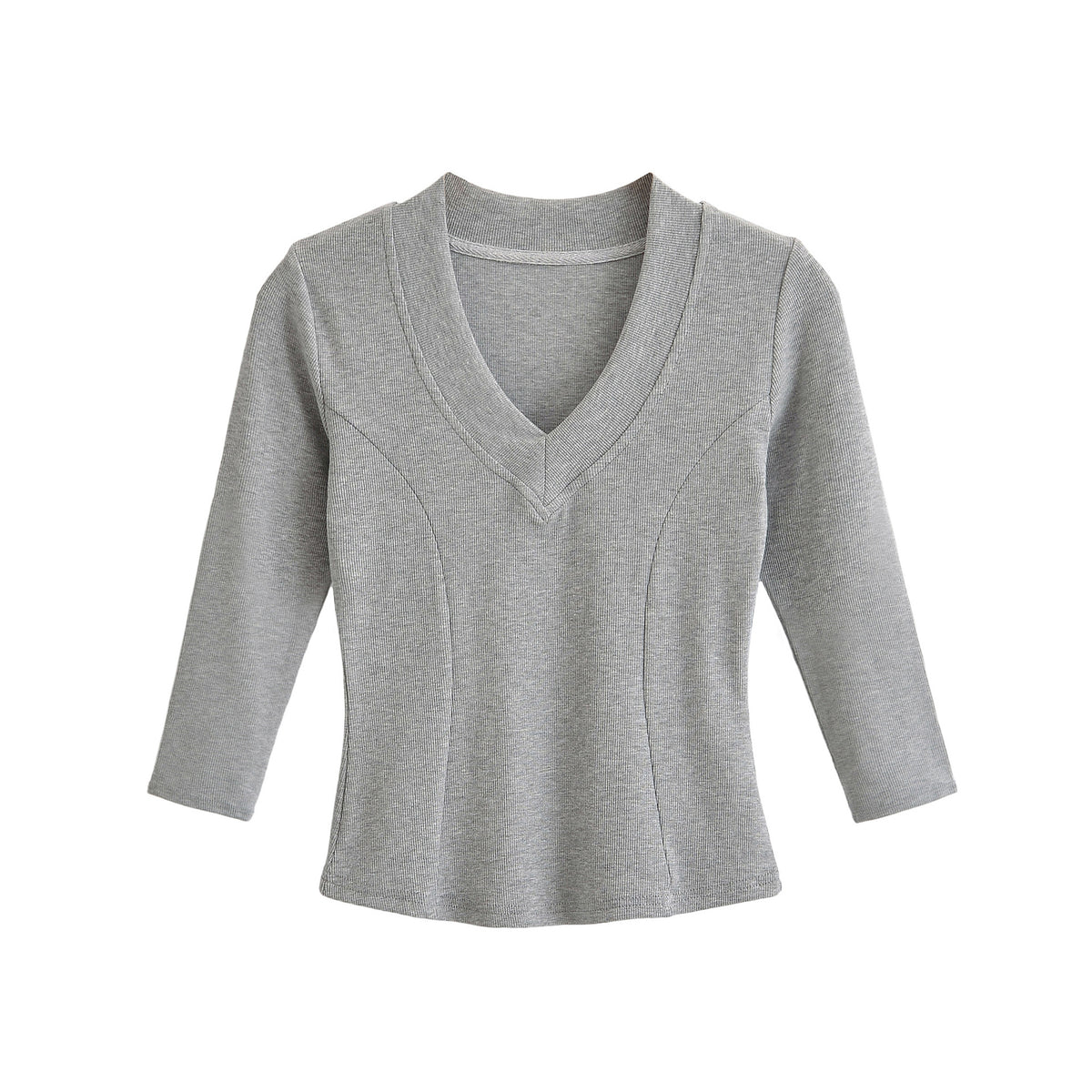 Women's Ribbed Long Sleeve Shirt with V-Neck and Tailored Fit EVA-US
