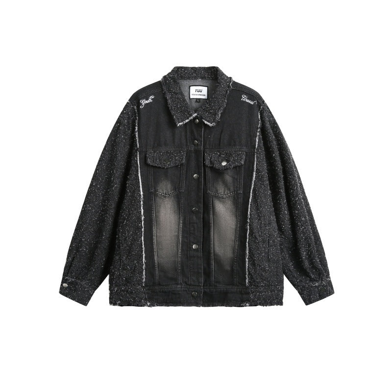 Unisex Oversized Denim Jacket with Mélange Boucle Sleeve and Frayed Edge EVA-US